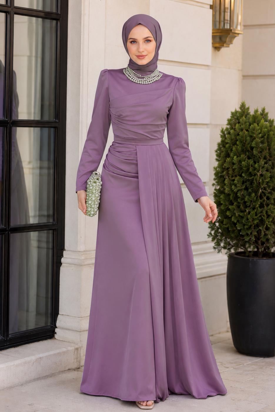 Vêtements hijab POURPRE ROBE DE SOIRÉE COLLIER DE PERLES T 1510