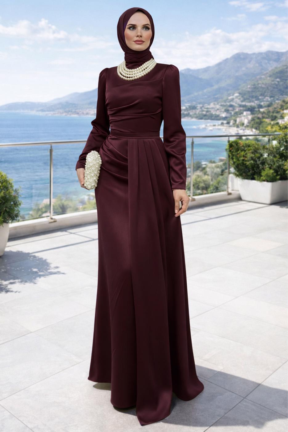 Tesettür giyim BORDO İNCİ KOLYELİ ABİYE ELBİSE T 1510