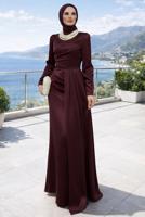 Tesettür giyim BORDO İNCİ KOLYELİ ABİYE ELBİSE T 1510