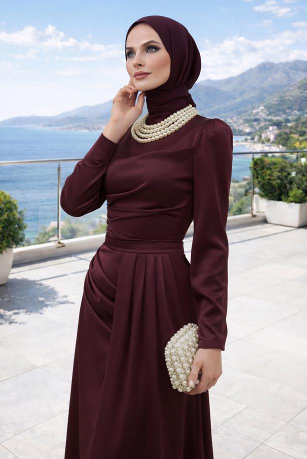 Hijab clothing CLARET RED PEARL NECKLACE EVENING DRESS T 1510 - TRENDTESETTÜR