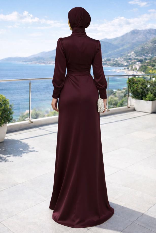 Hijab clothing CLARET RED PEARL NECKLACE EVENING DRESS T 1510 - TRENDTESETTÜR