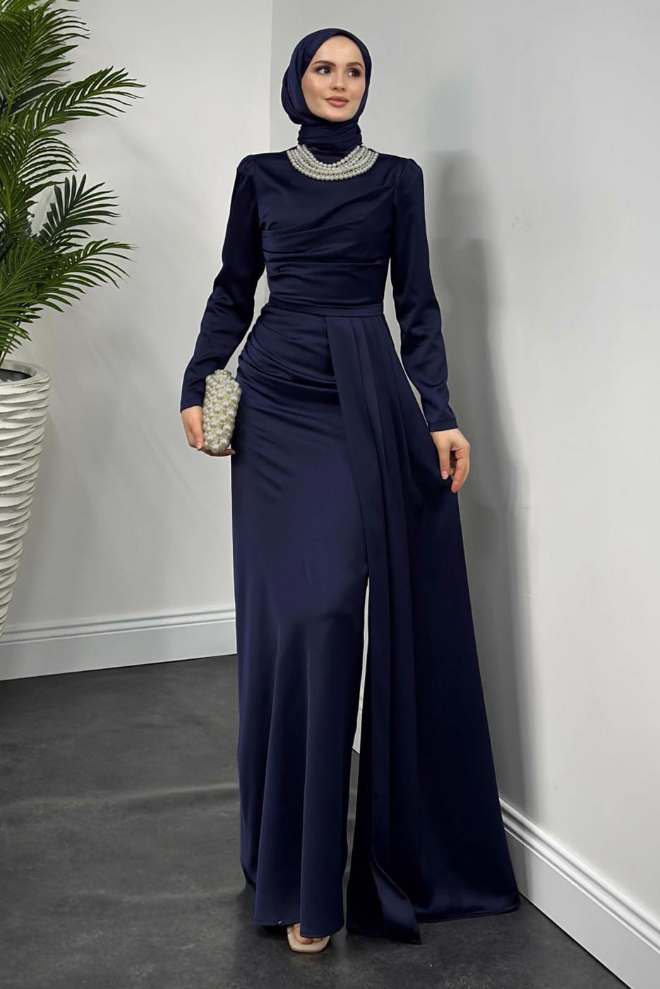 Vêtements hijab BLEU MARINE ROBE DE SOIRÉE COLLIER DE PERLES T 1510