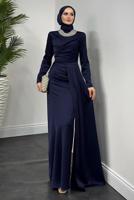 Vêtements hijab BLEU MARINE ROBE DE SOIRÉE COLLIER DE PERLES T 1510