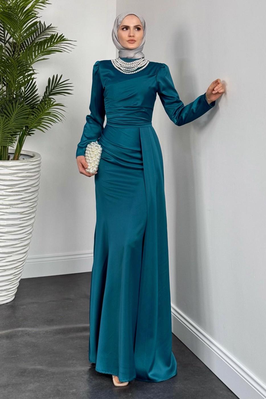 Tesettür giyim MAVİ İNCİ KOLYELİ ABİYE ELBİSE T 1510