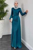 Tesettür giyim MAVİ İNCİ KOLYELİ ABİYE ELBİSE T 1510