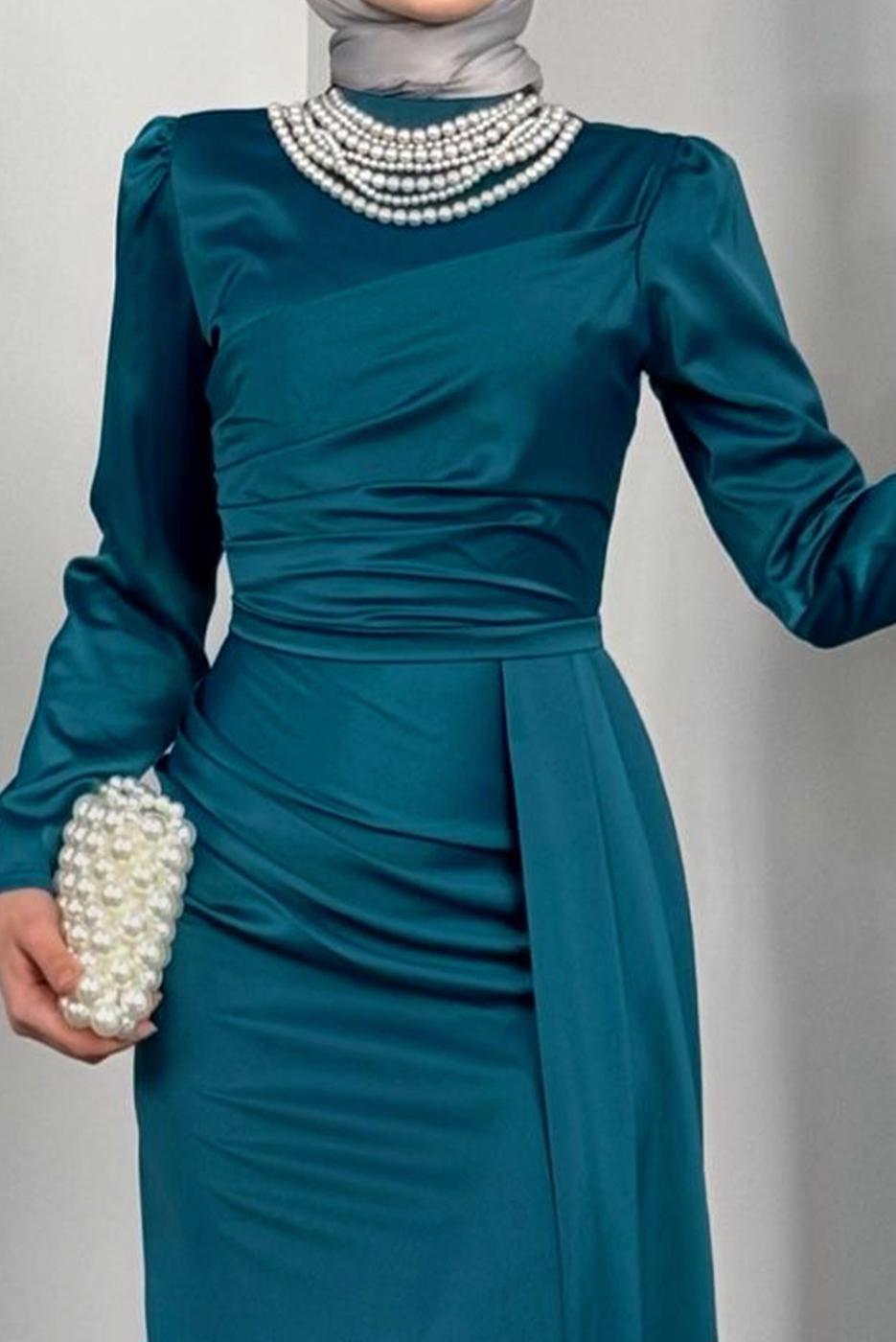 Tesettür giyim MAVİ İNCİ KOLYELİ ABİYE ELBİSE T 1510