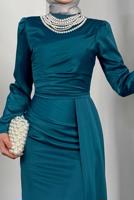 Tesettür giyim MAVİ İNCİ KOLYELİ ABİYE ELBİSE T 1510