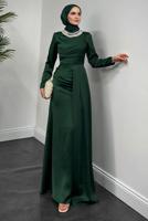 Tesettür giyim YEŞİL İNCİ KOLYELİ ABİYE ELBİSE T 1510