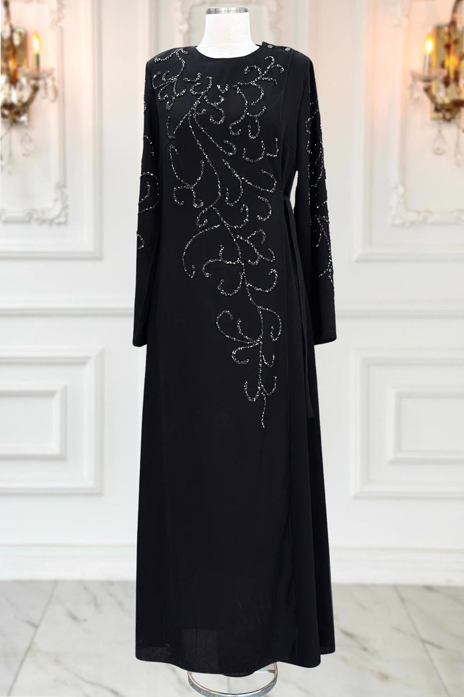 Vêtements hijab NOIR ROBE DE SOIRÉE À DÉTAILS DE PERLES T 1531