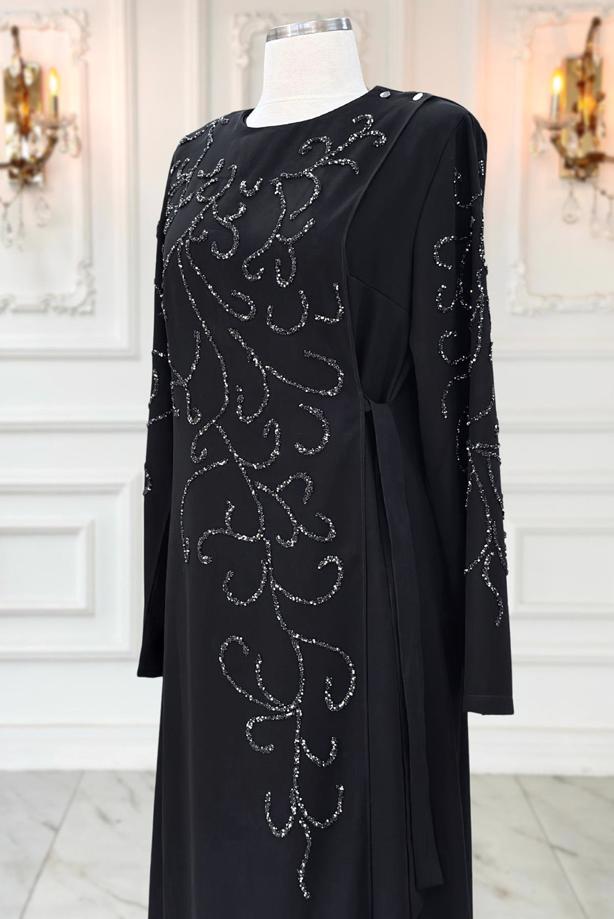 Vêtements hijab NOIR ROBE DE SOIRÉE À DÉTAILS DE PERLES T 1531 - TRENDTESETTÜR