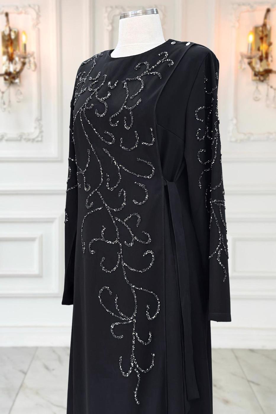 Vêtements hijab NOIR ROBE DE SOIRÉE À DÉTAILS DE PERLES T 1531