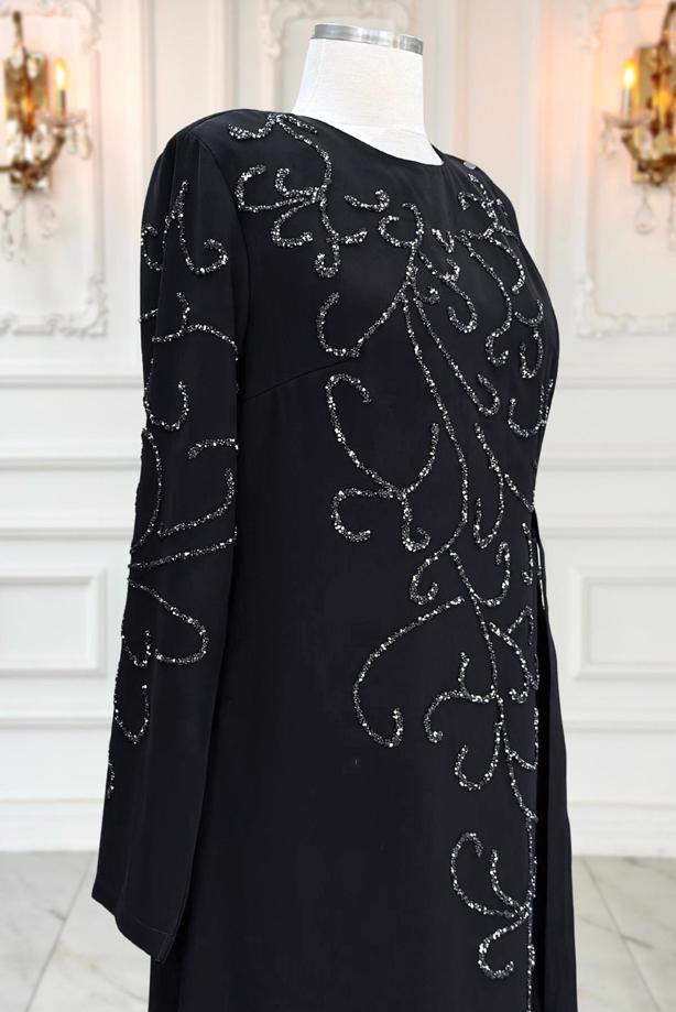 Vêtements hijab NOIR ROBE DE SOIRÉE À DÉTAILS DE PERLES T 1531 - TRENDTESETTÜR