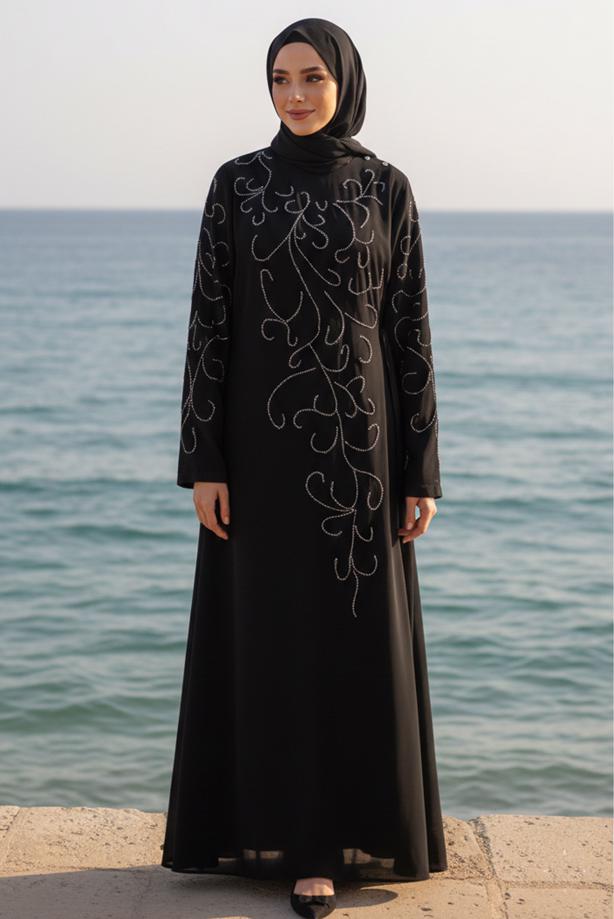 Hijab clothing BLACK BEAD DETAILED EVENING DRESS T 1531 - TRENDTESETTÜR