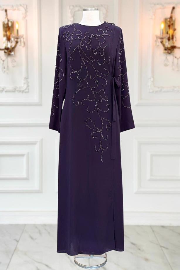 Vêtements hijab PRUNE ROBE DE SOIRÉE À DÉTAILS DE PERLES T 1531 - TRENDTESETTÜR