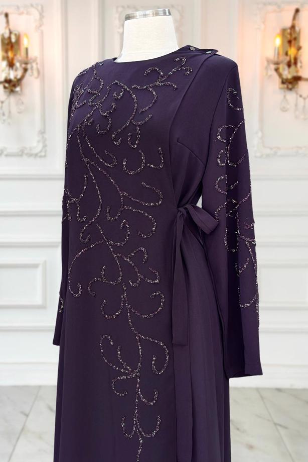 Vêtements hijab PRUNE ROBE DE SOIRÉE À DÉTAILS DE PERLES T 1531 - TRENDTESETTÜR