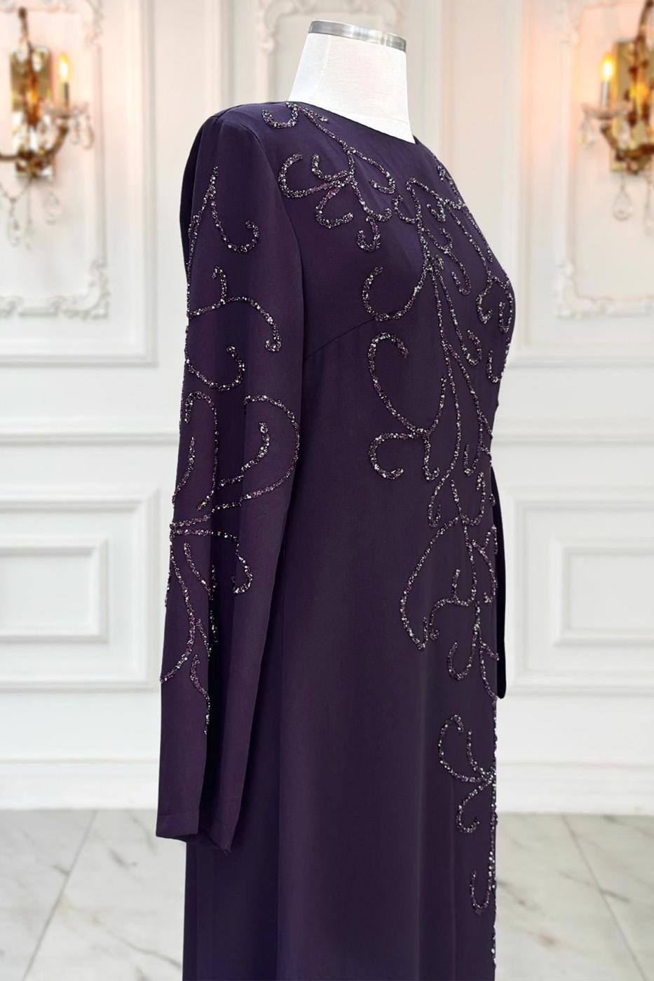 Vêtements hijab PRUNE ROBE DE SOIRÉE À DÉTAILS DE PERLES T 1531