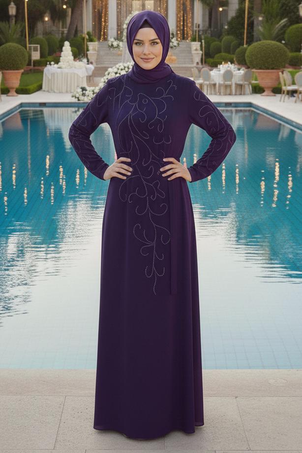 Hijab clothing PLUM BEAD DETAILED EVENING DRESS T 1531 - TRENDTESETTÜR