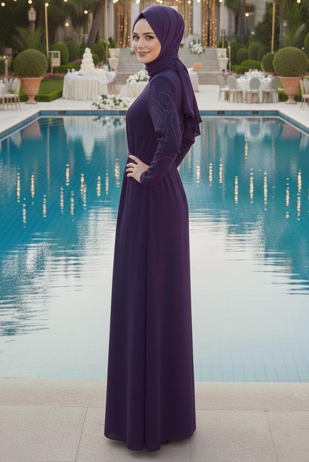 Hijab clothing PLUM BEAD DETAILED EVENING DRESS T 1531 - TRENDTESETTÜR