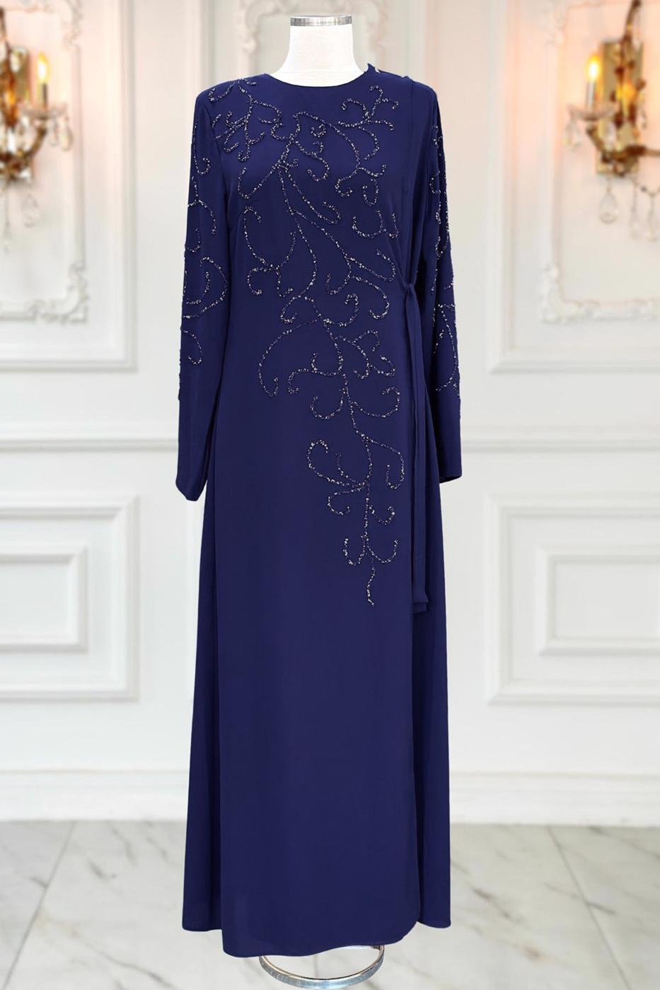 Vêtements hijab BLEU MARINE ROBE DE SOIRÉE À DÉTAILS DE PERLES T 1531