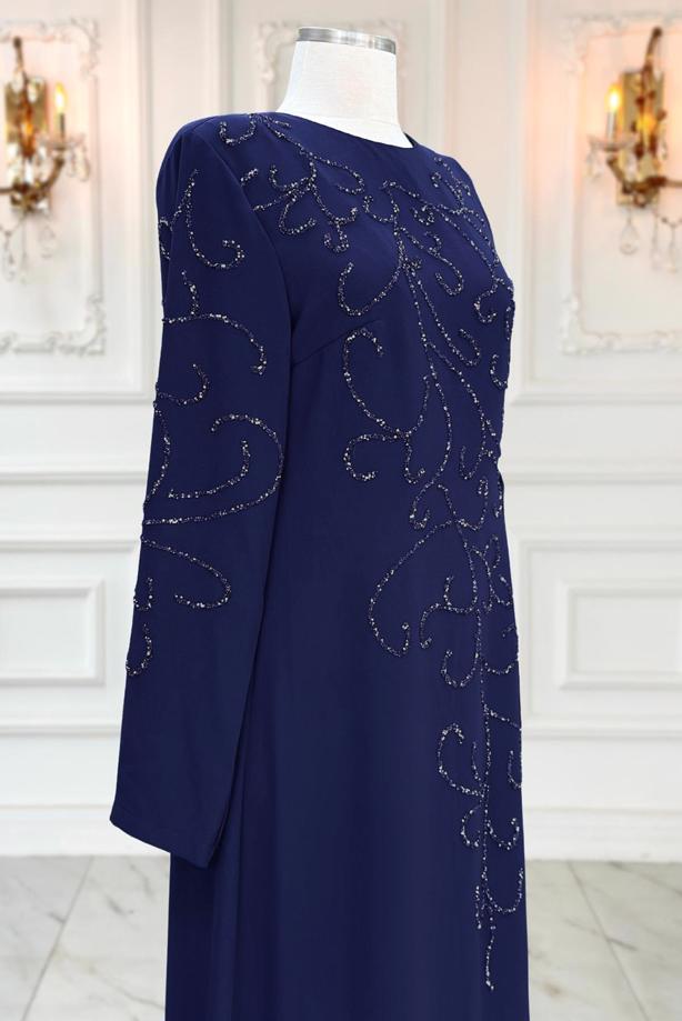 Vêtements hijab BLEU MARINE ROBE DE SOIRÉE À DÉTAILS DE PERLES T 1531 - TRENDTESETTÜR