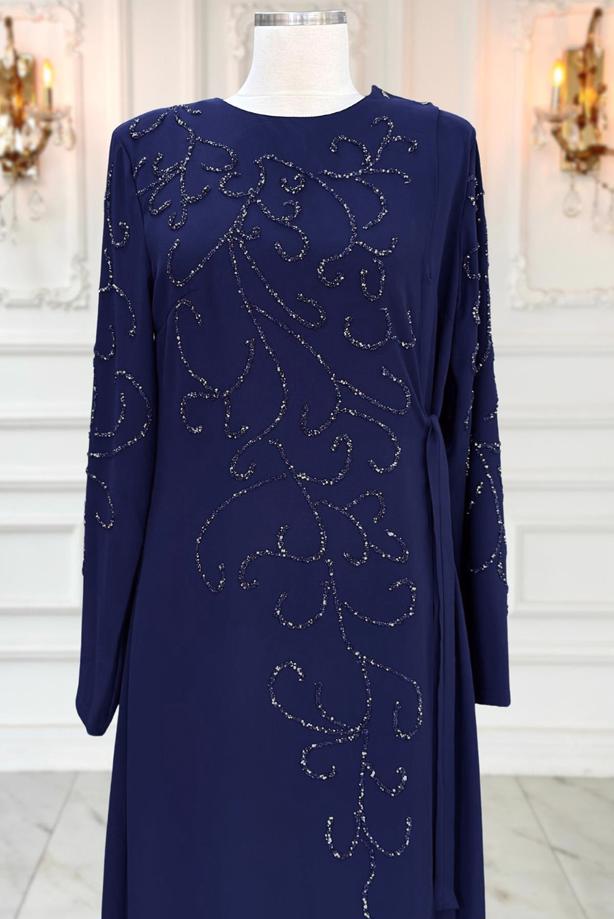 Vêtements hijab BLEU MARINE ROBE DE SOIRÉE À DÉTAILS DE PERLES T 1531 - TRENDTESETTÜR