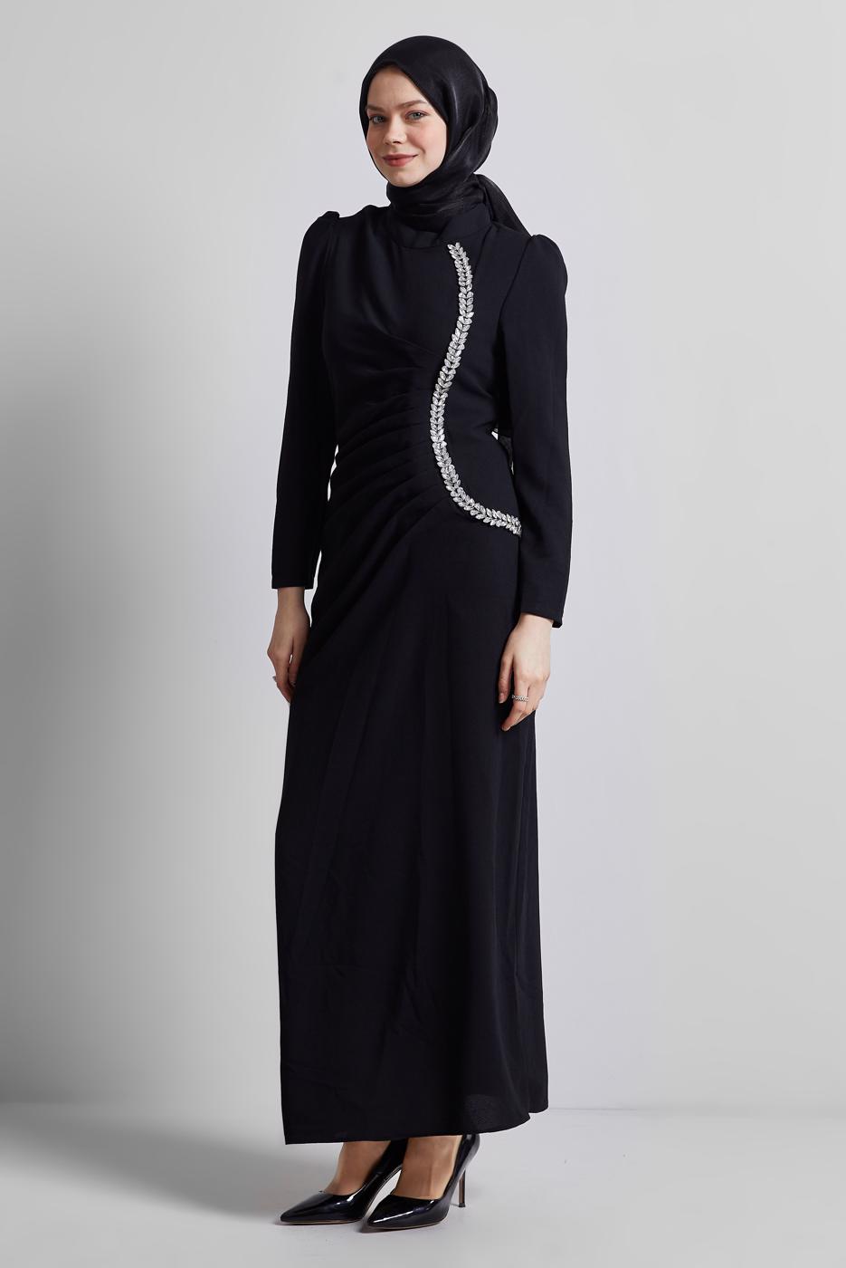 Tesettür giyim SİYAH TAŞ DETAYLI ABİYE ELBİSE T 1716