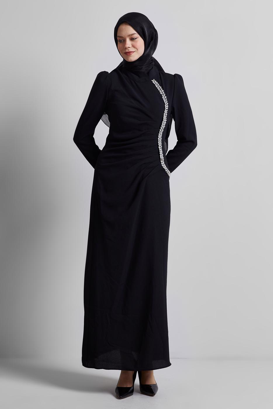 Tesettür giyim SİYAH TAŞ DETAYLI ABİYE ELBİSE T 1716
