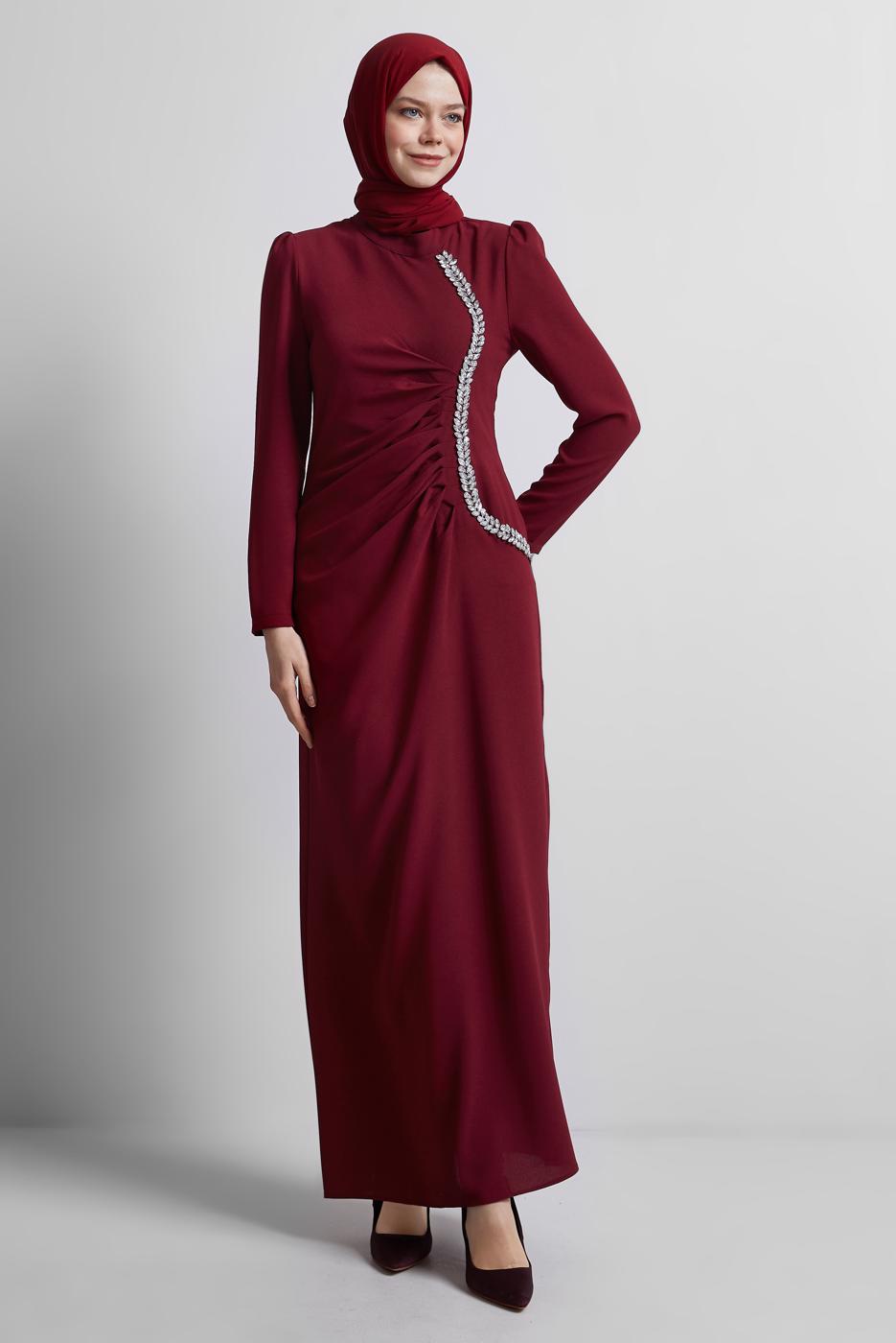 Tesettür giyim BORDO TAŞ DETAYLI ABİYE ELBİSE T 1716