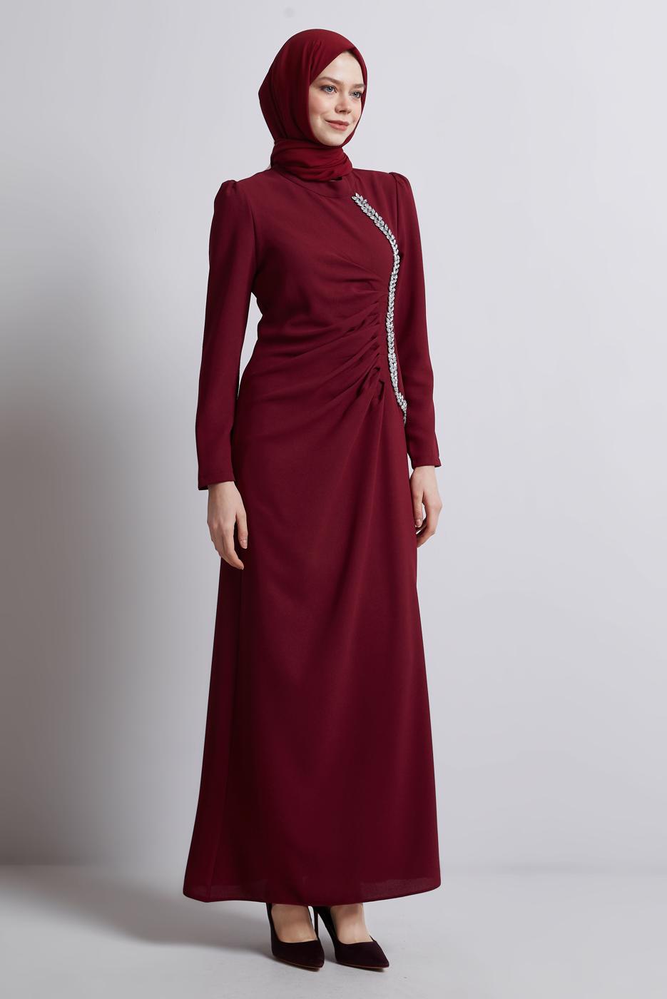 Tesettür giyim BORDO TAŞ DETAYLI ABİYE ELBİSE T 1716