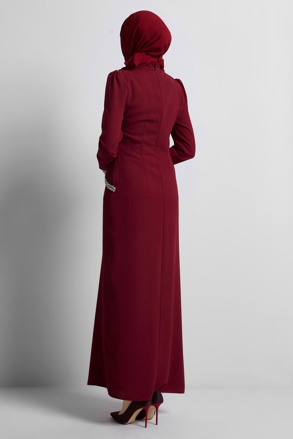 Tesettür giyim BORDO TAŞ DETAYLI ABİYE ELBİSE T 1716