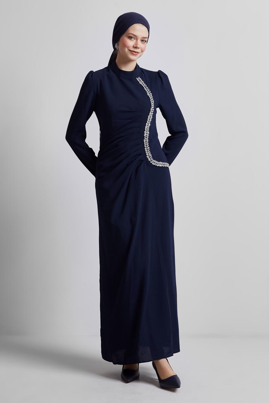 Tesettür giyim LACİVERT TAŞ DETAYLI ABİYE ELBİSE T 1716