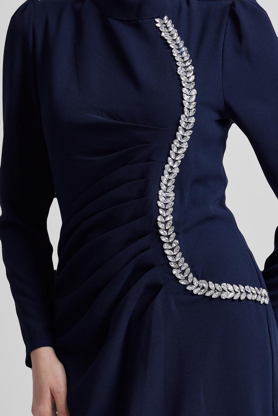 Tesettür giyim LACİVERT TAŞ DETAYLI ABİYE ELBİSE T 1716