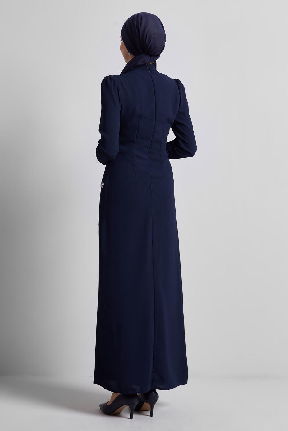 Tesettür giyim LACİVERT TAŞ DETAYLI ABİYE ELBİSE T 1716