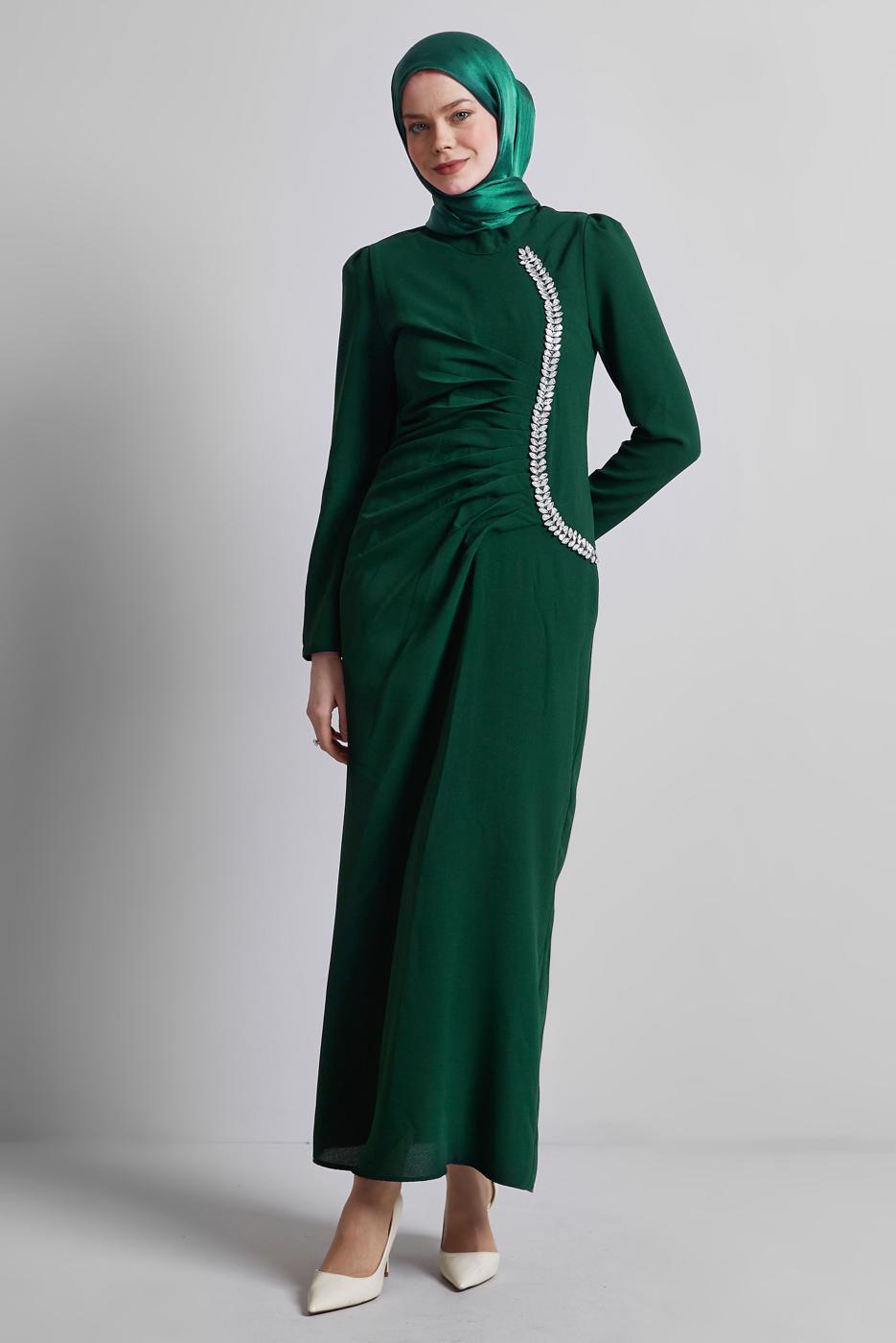 Tesettür giyim YEŞİL TAŞ DETAYLI ABİYE ELBİSE T 1716