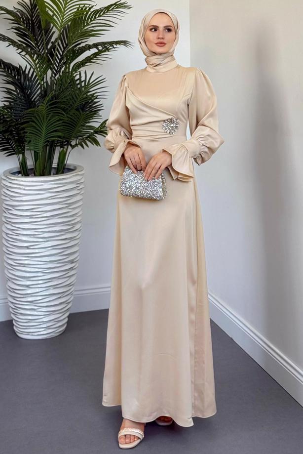 Tesettür giyim BEJ SATEN ABİYE ELBİSE T 2205 - TRENDTESETTÜR