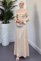 Tesettür giyim BEJ SATEN ABİYE ELBİSE T 2205