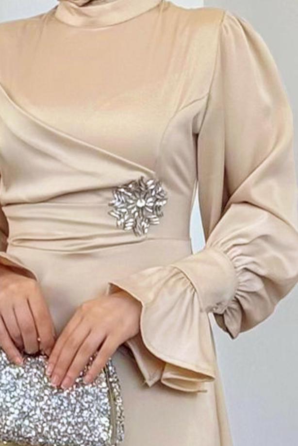 Tesettür giyim BEJ SATEN ABİYE ELBİSE T 2205 - TRENDTESETTÜR