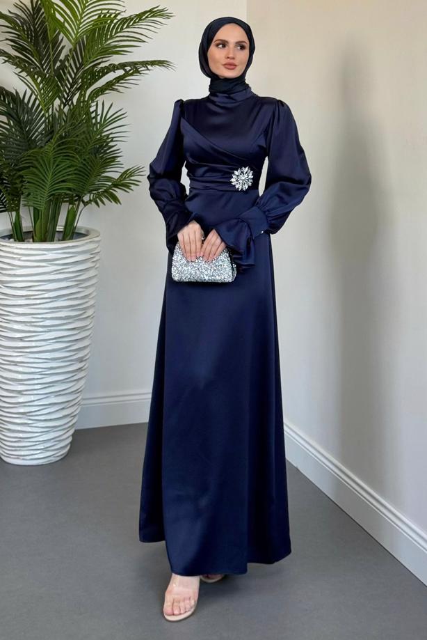 Tesettür giyim LACİVERT SATEN ABİYE ELBİSE T 2205 - TRENDTESETTÜR