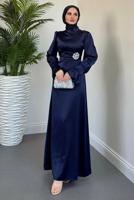 Tesettür giyim LACİVERT SATEN ABİYE ELBİSE T 2205