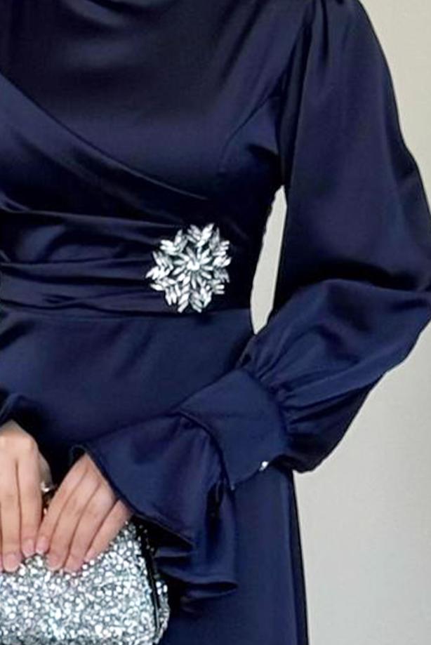 Tesettür giyim LACİVERT SATEN ABİYE ELBİSE T 2205 - TRENDTESETTÜR