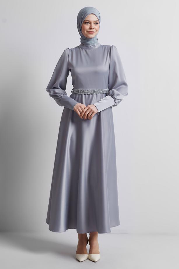 Vêtements hijab GRIS ROBE DE SOIRÉE CEINTURÉE T 2316 - TRENDTESETTÜR