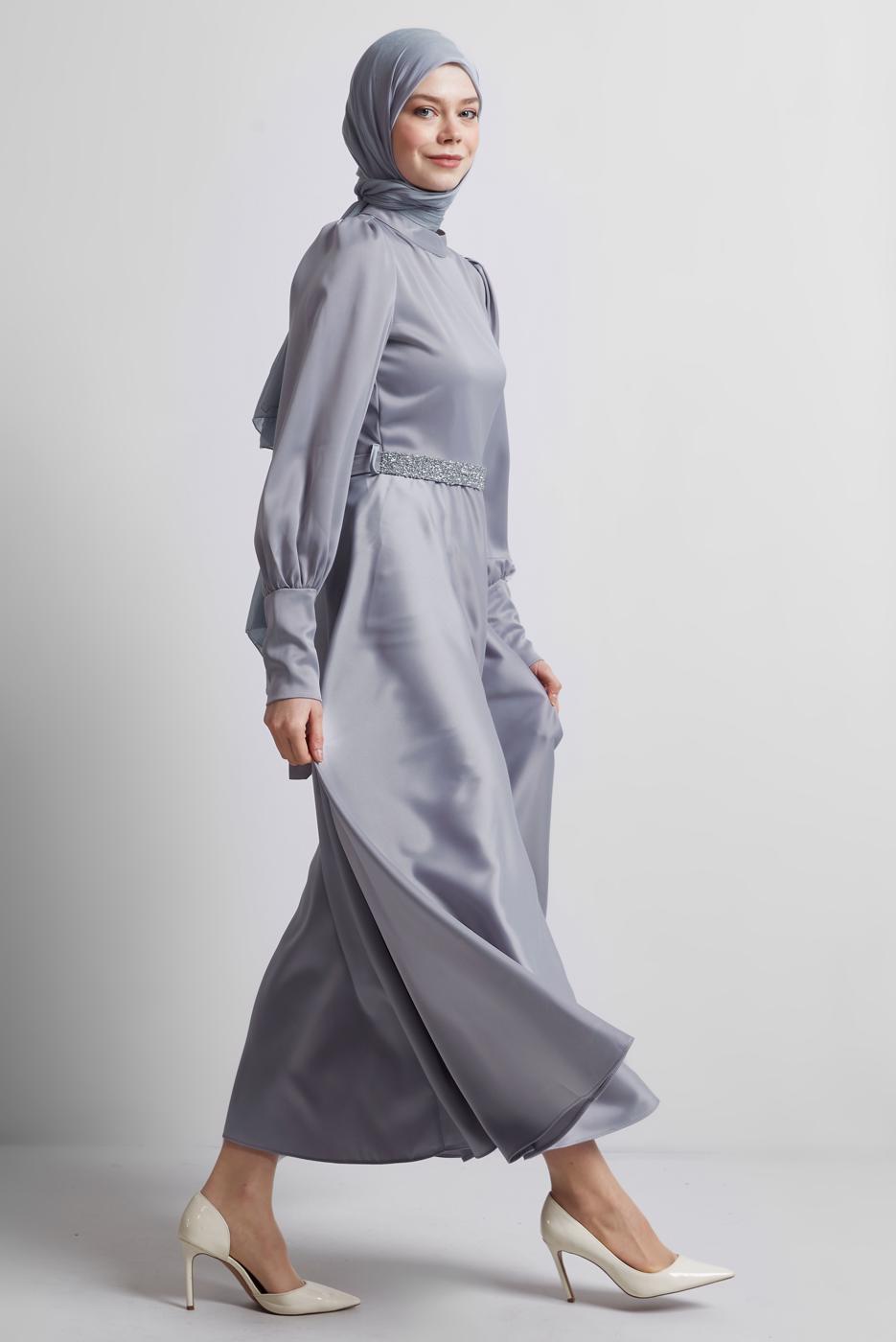 Vêtements hijab GRIS ROBE DE SOIRÉE CEINTURÉE T 2316