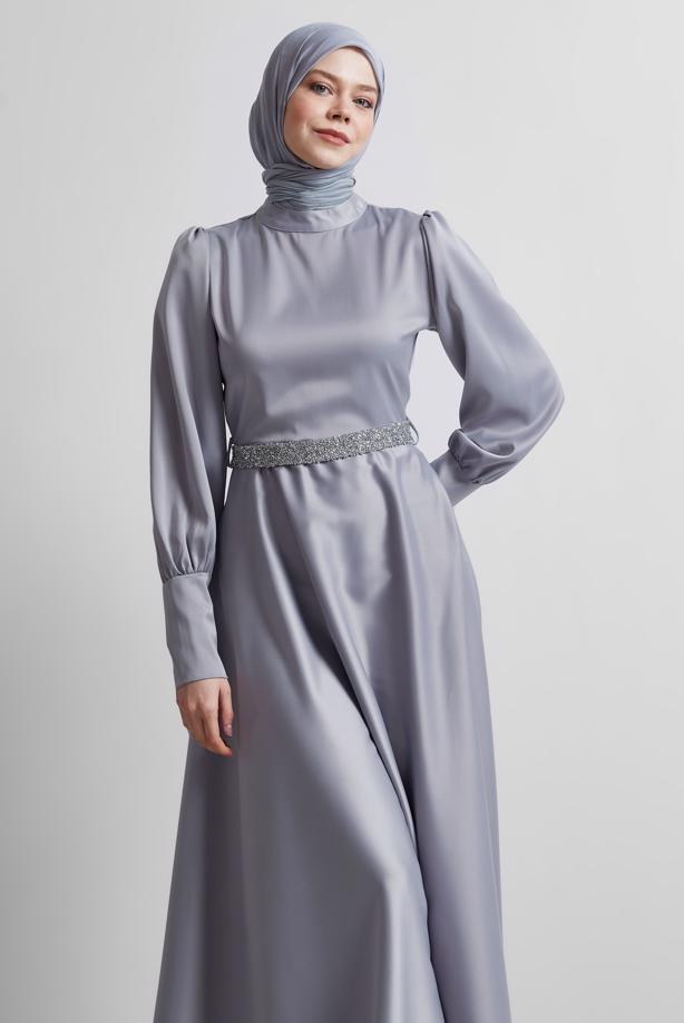 Vêtements hijab GRIS ROBE DE SOIRÉE CEINTURÉE T 2316 - TRENDTESETTÜR