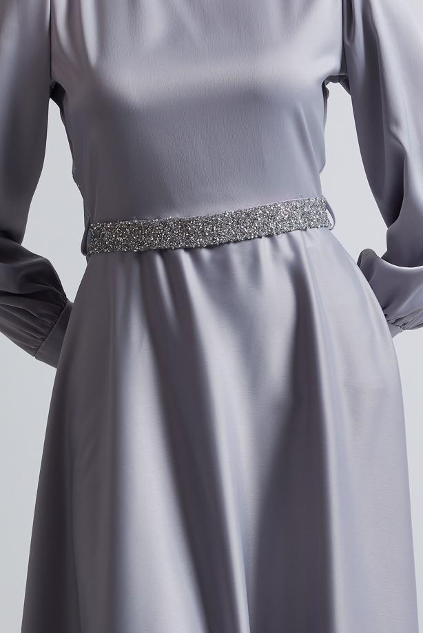 Vêtements hijab GRIS ROBE DE SOIRÉE CEINTURÉE T 2316 - TRENDTESETTÜR