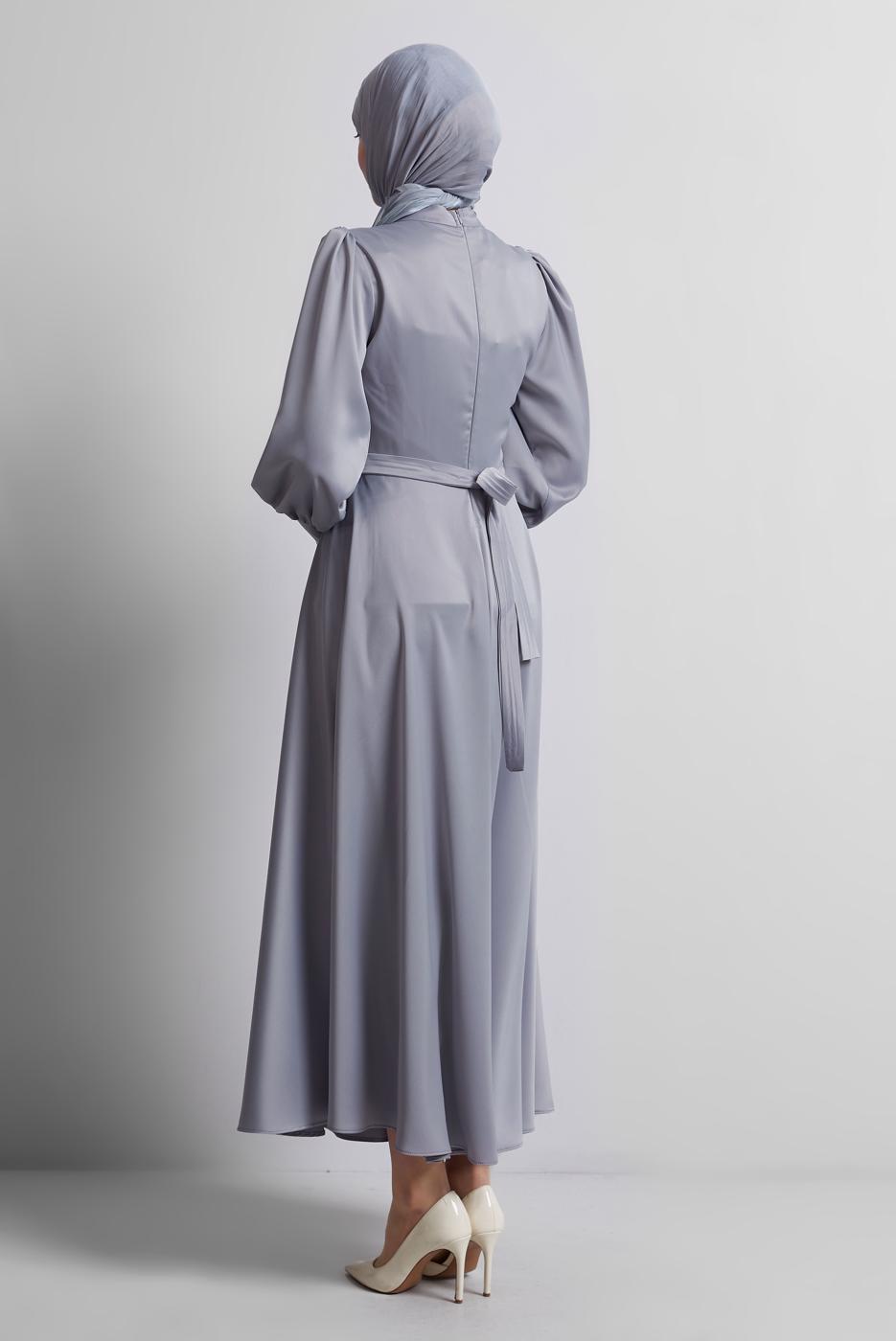 Vêtements hijab GRIS ROBE DE SOIRÉE CEINTURÉE T 2316