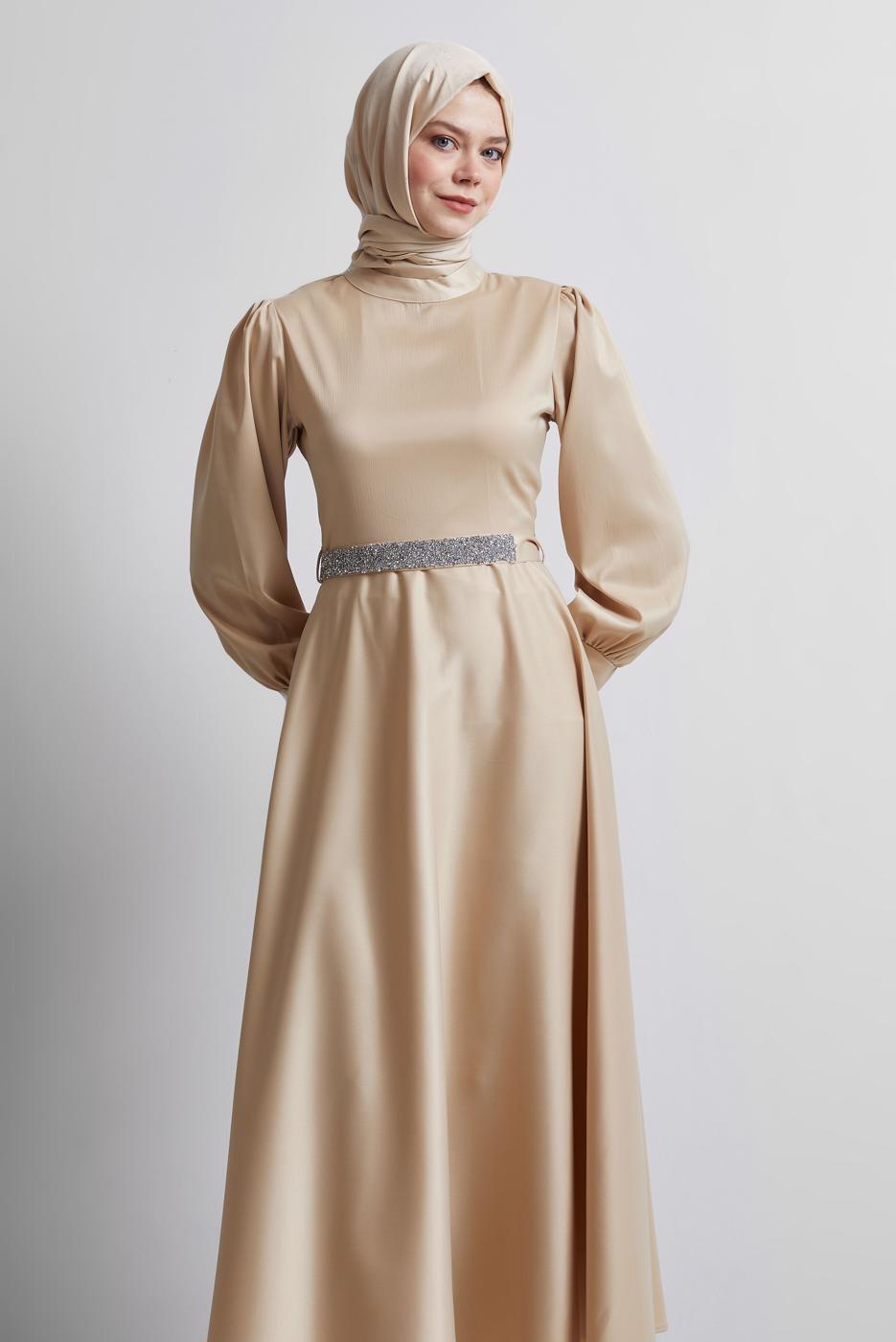 Vêtements hijab BRUN ROBE DE SOIRÉE CEINTURÉE T 2316