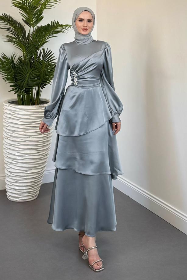 Tesettür giyim GRİ SATEN ABİYE ELBİSE T 2730 - TRENDTESETTÜR