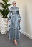 Tesettür giyim GRİ SATEN ABİYE ELBİSE T 2730