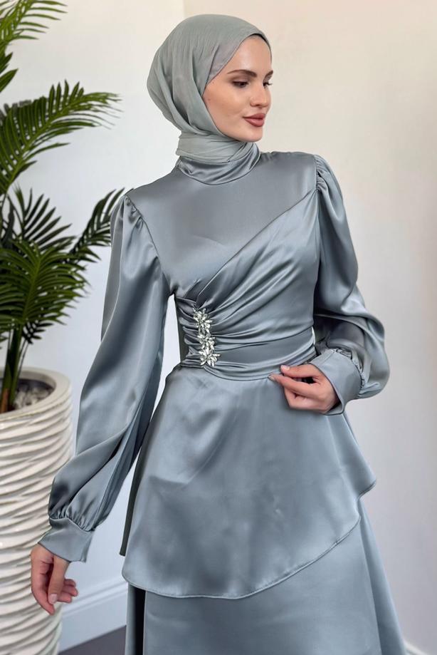 Tesettür giyim GRİ SATEN ABİYE ELBİSE T 2730 - TRENDTESETTÜR