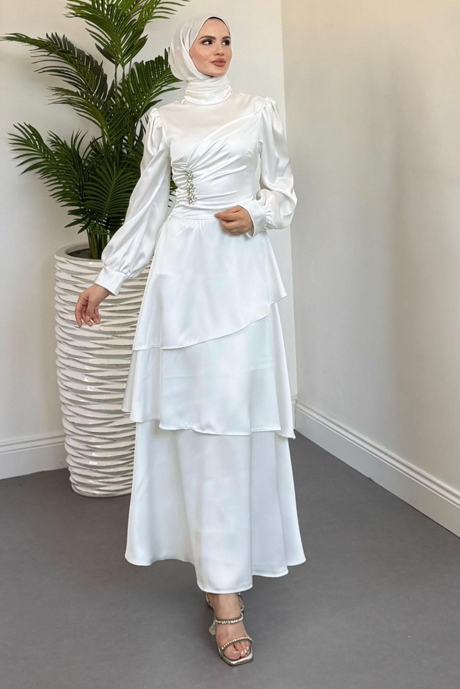 Tesettür giyim EKRU SATEN ABİYE ELBİSE T 2730